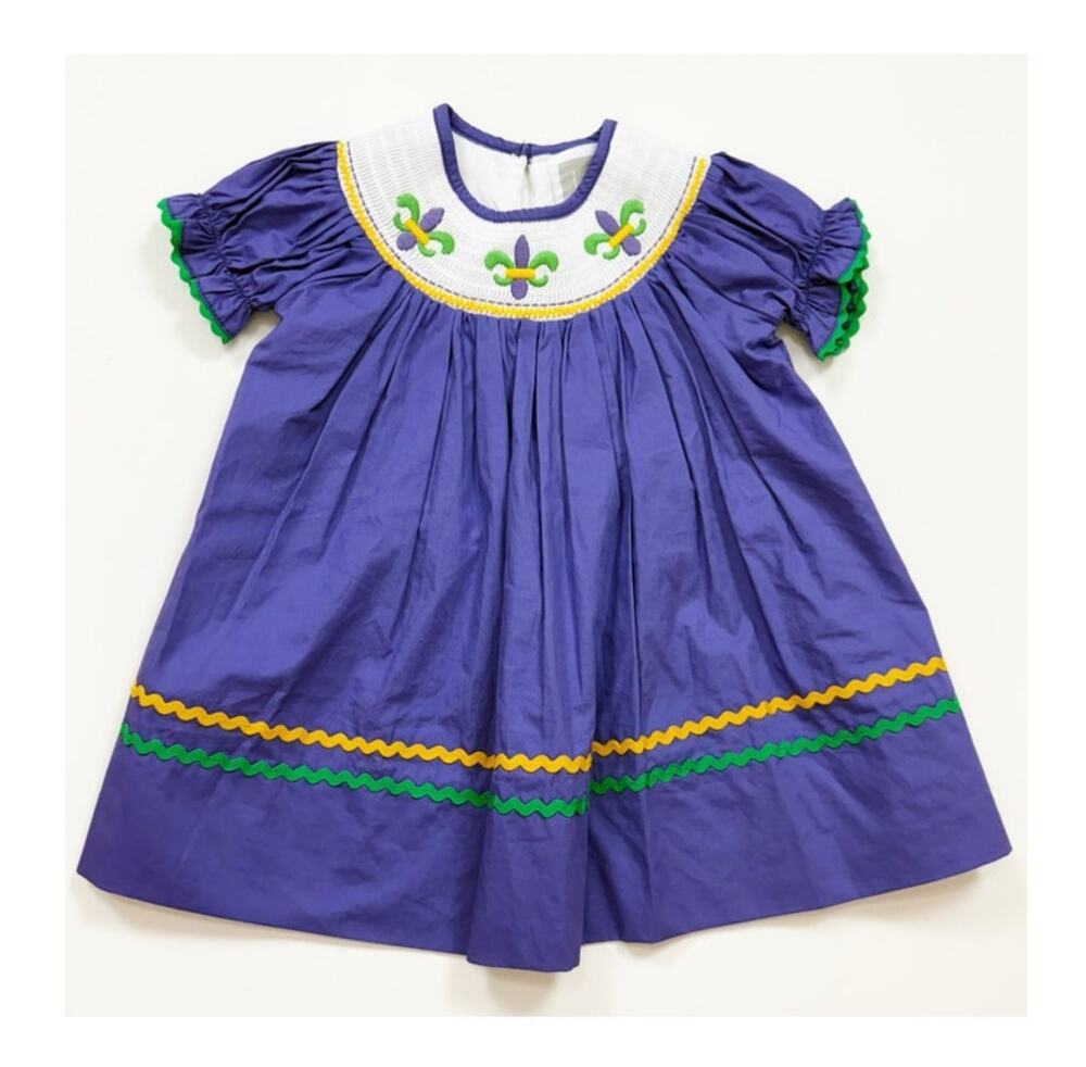 Lil Cactus Purple Mardi Gras Smocked Bishop Dress